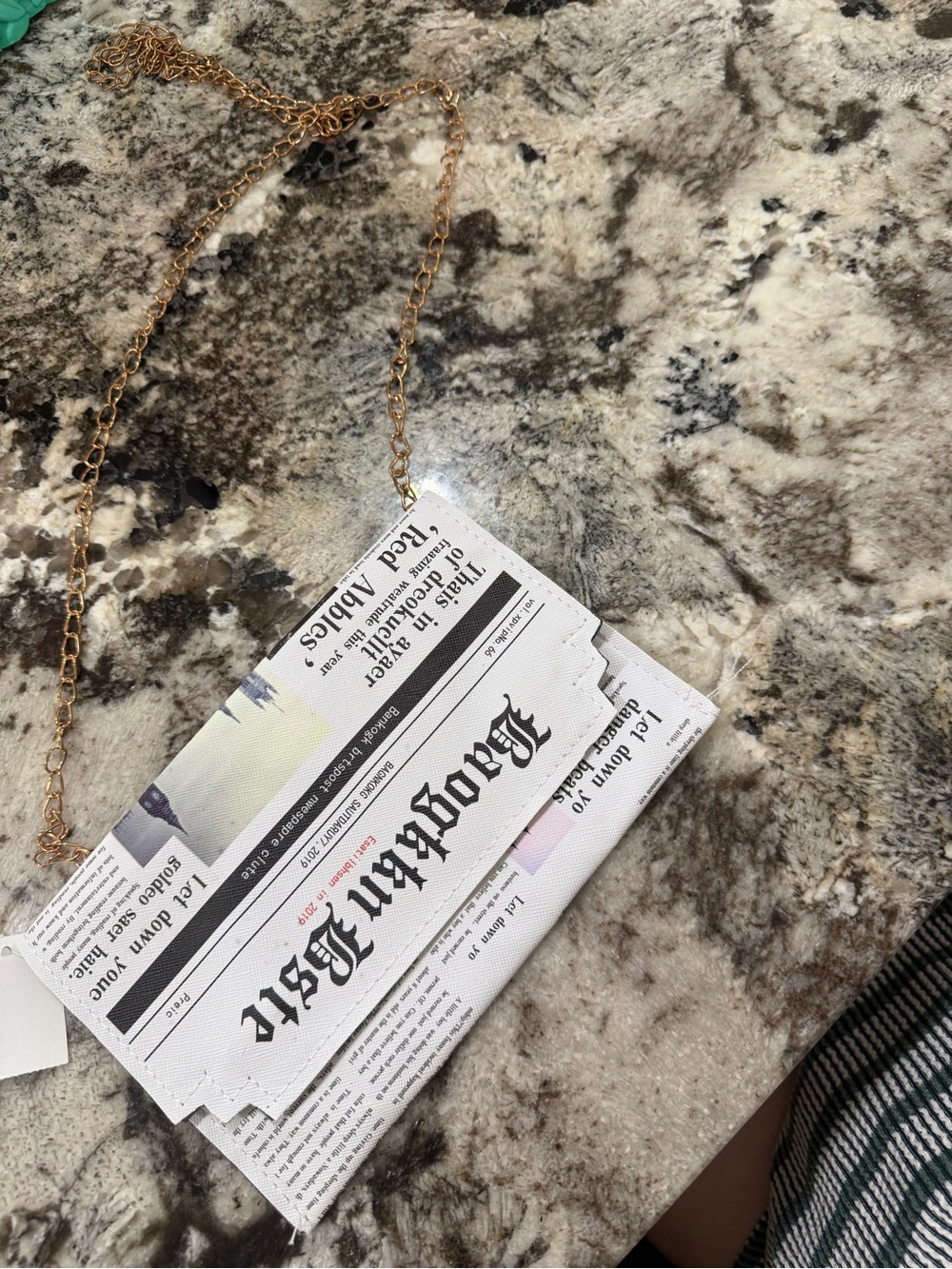 Newspaper Print Clutch with Gold Chain